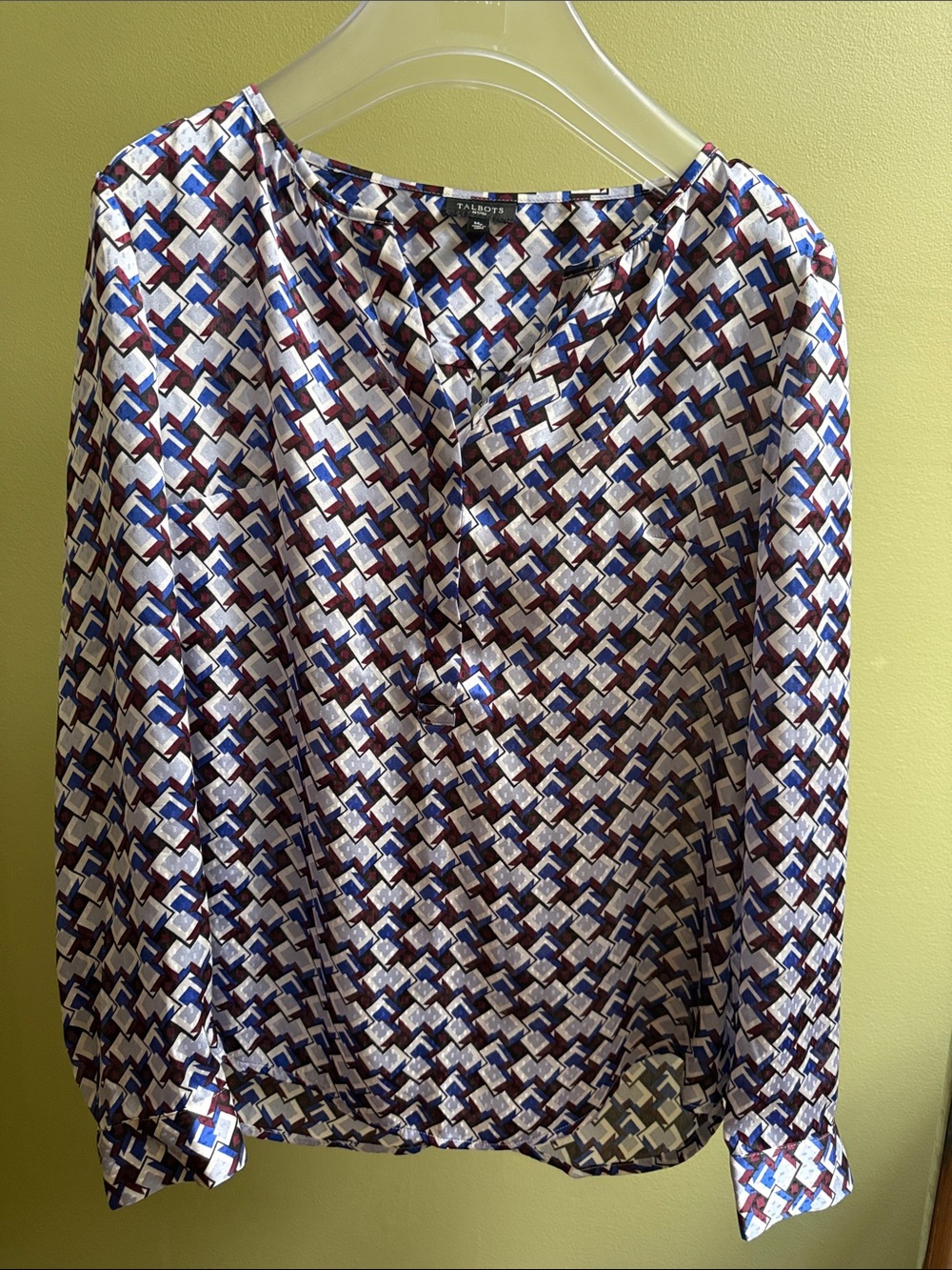 Talbots Blue White and Burgundy Geometric Print Blouse